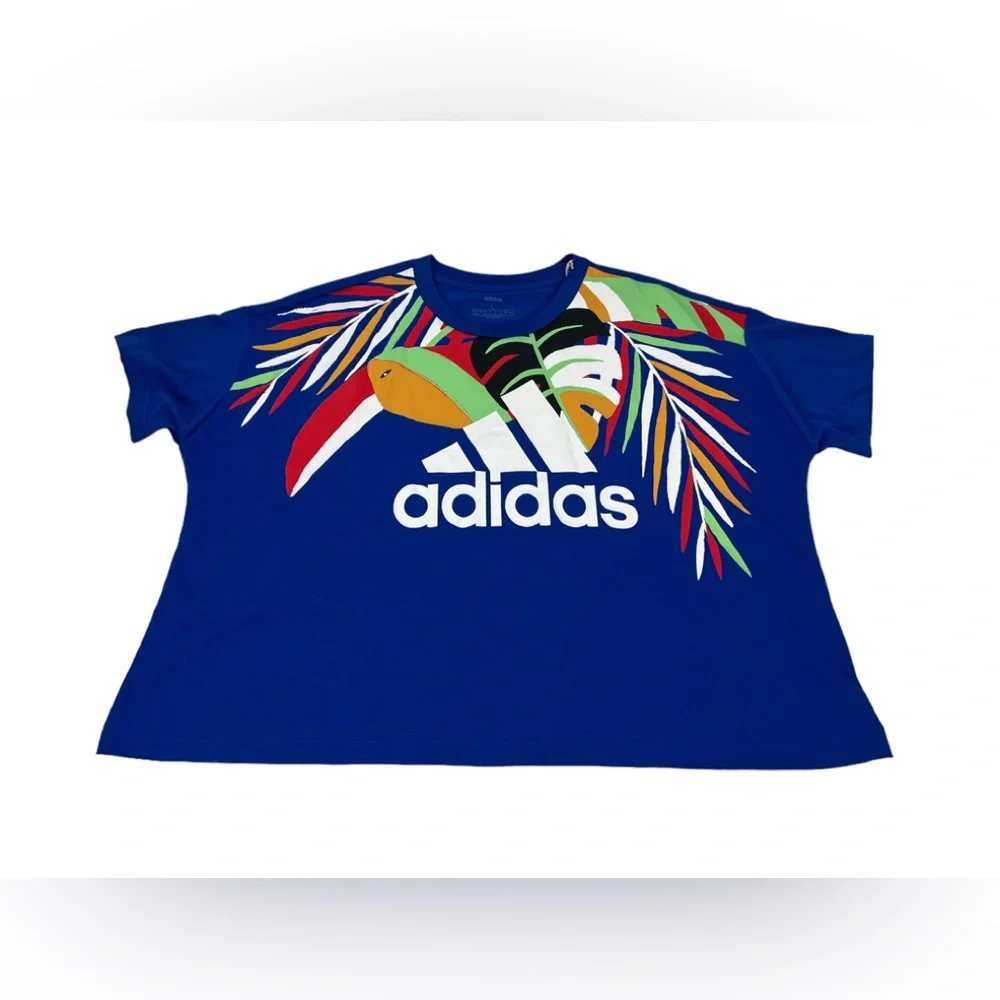 Adidas x Farm Rio Shirt Women Large Blue Tropical Short Sleeve Crop Pullover NWT - Picture 8 of 13